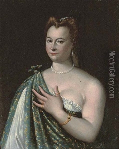 Portrait Of A Courtesan Wearing A Loose White Chemise And Green And Gold Embroidered Shawl Over Her Right Shoulder Oil Painting - Francesco Montemezzano