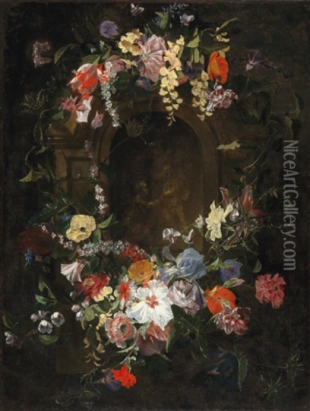 A Wreath Of Flowers Around A Painted Niche Enclosing A Pair Of Frolicking Putti Oil Painting - Johannes Anthonius van der Baren