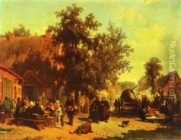 Market Day In A Village Oil Painting - Florent Nicolas Crabeels