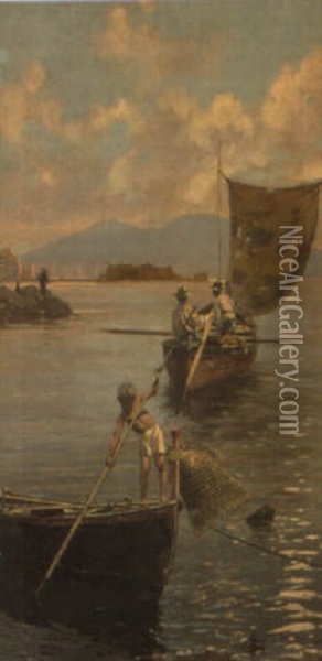 Figures And Boats In The Bay Of Naples Oil Painting - Vincenzo Loria