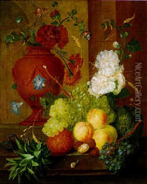 Still Life Of Peaches, Grapes, A Pineapple And Other Fruit With Flowers, Stalks Of Wheat, A Stone Urn And Other Objects On A Stone Ledge Oil Painting - Georgius Jacobus Johannes van Os