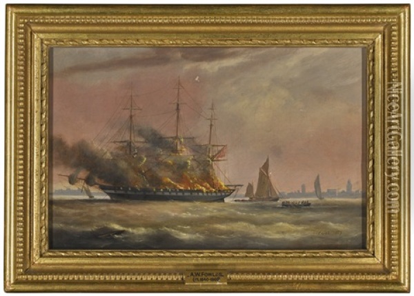 The 'eastern Monarch' Ablaze In Spithead, 3rd June 1859 Oil Painting - Arthur Wellington Fowles