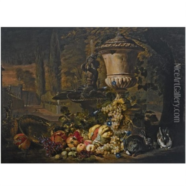 A Still Life Of Fruit, Including A Melon, Open Pomegranates And Grapes, An Ornamental Urn And Two Rabbits Near A Fountain In A Formal Garden Oil Painting - David de Coninck