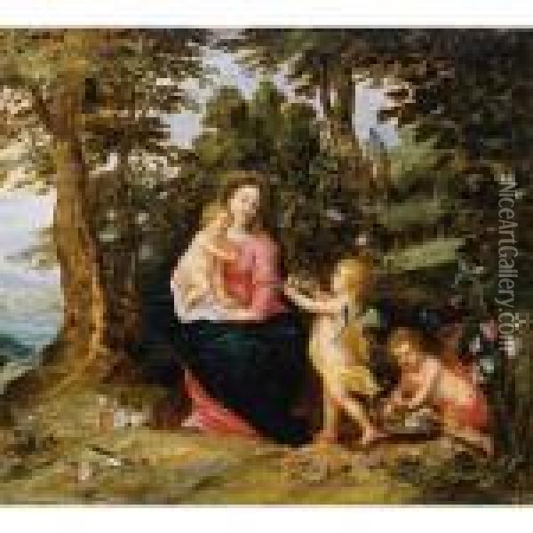 Virgin And Child With Two Angels In A Landscape Oil Painting - Jan Brueghel the Younger