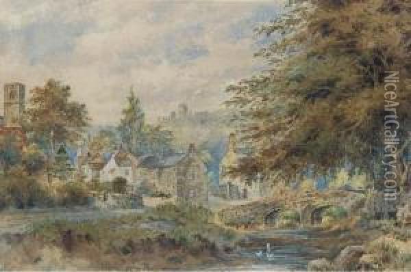 A Village Hamlet Below Castle Ruins Oil Painting - Robert Wood