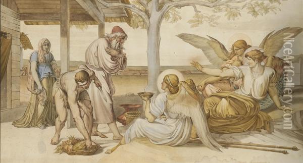 Abraham And The Three Angels (genesis, Xviii, 1-19) Oil Painting - Bonaventura Genelli