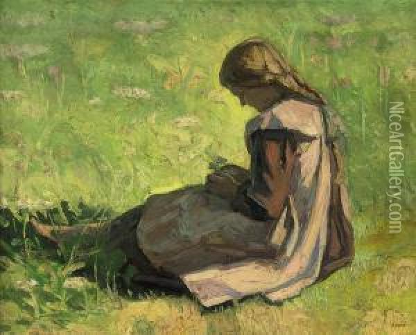 Girl Sitting In The Grass Oil Painting - Emmanuel Zairis