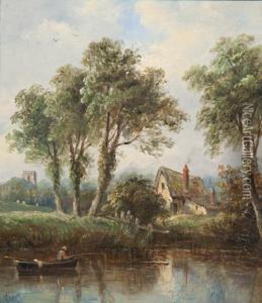 A Woman Fetching Water From A Stream Before A Thatched Cottage Oil Painting - John Moore Of Ipswich