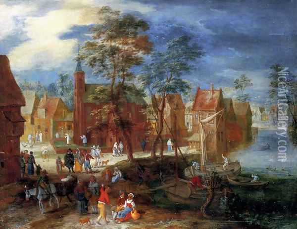 A village kermesse with a horse-drawn cart in the foreground Oil Painting - Pieter Gijsels