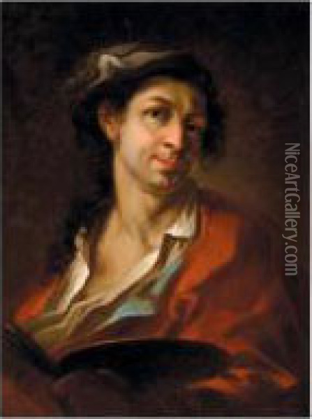 Portrait Of An Artist, Head And Shoulders, Wearing A Red Coat, Holding His Palette With His Left Hand, Possibly A Self-portrait Of The Artist Oil Painting - Giosue Scotti