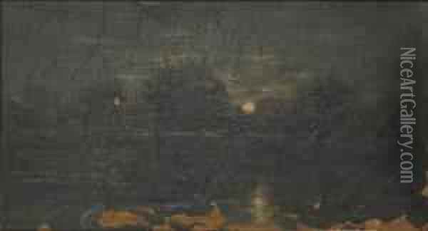 Moonlit River Landscape Oil Painting - James Hamilton