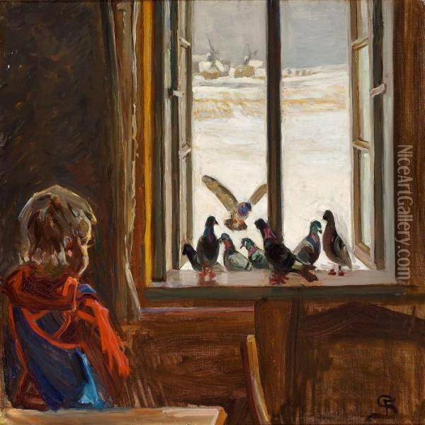 The Painter's Daughter Is Watching The Pigeons In The Window Sill Oil Painting - Fritz Syberg