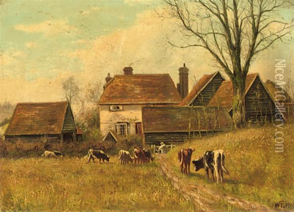 Cattle Grazing By The Cottages Oil Painting - William Frederick Hulk