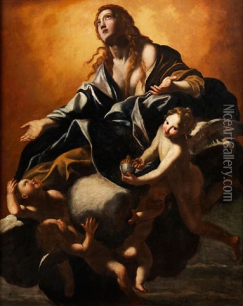 Die Heilige Maria Magdalena Umgeben Von Engeln Oil Painting - Giovanni Lanfranco