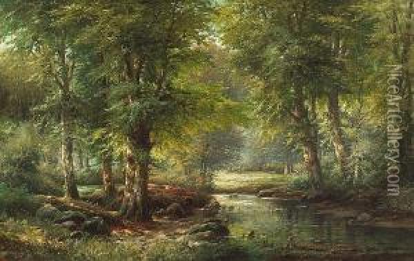 A Wooded River Landscape Oil Painting - J. Rollier