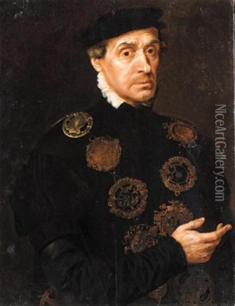 Portrait Of A Gentleman Wearing Black With A Chain Of Guild Buckles Including That Of A Goldsmith's Company Oil Painting - Adriaen Thomasz Key