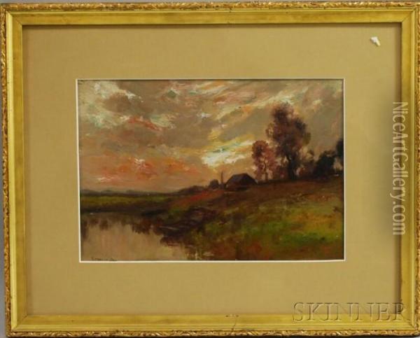 Landscape At Sunset With Canoe Oil Painting - Edward B. Gay