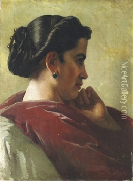 Studienkopf Einer Romerin In Profil Nach Rechts: A Roman Woman In Profile Oil Painting - Anselm Friedrich Feuerbach