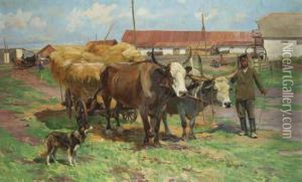 Ox-cart In A Farmyard Oil Painting - Nikolai Semenovich Samokish