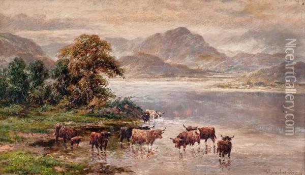 Cows Drinking Oil Painting - William Langley