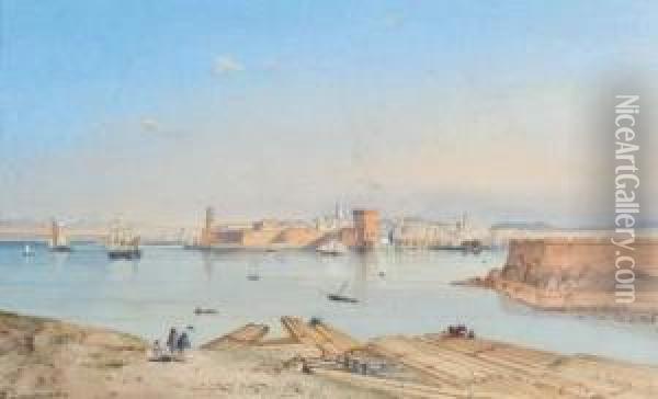 L'entree Du Port De Marseille. Oil Painting - Louis Amable Crapelet