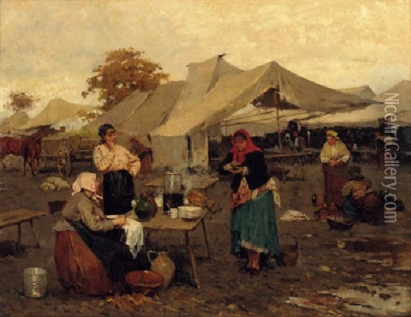 Preparing Coffee At The Encampment Oil Painting - Lajos Deak Ebner