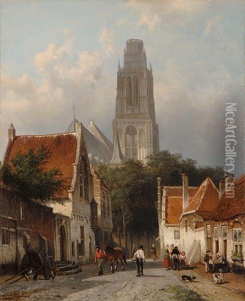 A Busy Street In Zaltbommel, The Sint Maartenskerk In The Background Oil Painting - Cornelis Springer