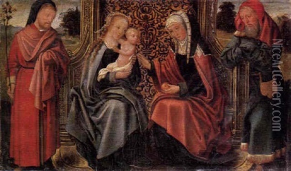 The Madonna And Child Enthroned With Saint Anne Accompanied By Saint Joseph And Another Male Saint Oil Painting - Cornelis van Coninxloo the Younger