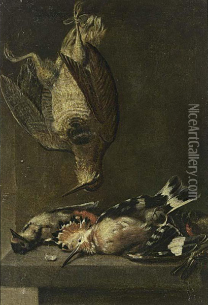 A Hunting Still Life With A Woodcock, A Hoopoe And Other Birds Oil Painting - Heinrich Lihl