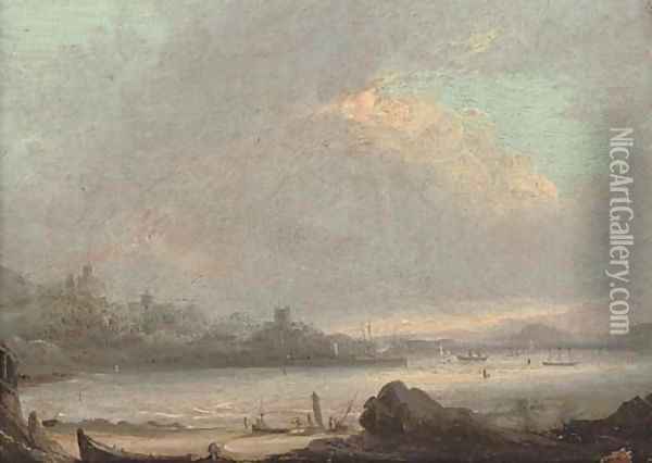 A costal inlet with fishermen in the foreground, a town beyond Oil Painting - English School