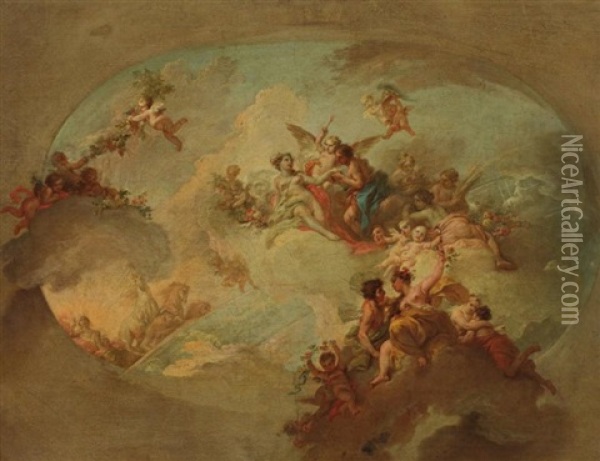 Apollon, Zephir Et Chloris, Mars Et Venus Et Les Signes Du Zodiaque (preparatory Study For A Ceiling) Oil Painting - Ramon Bayeu Y Subias