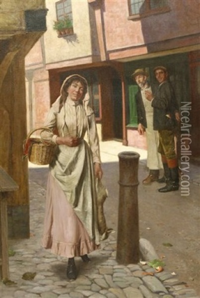 A Girl Turning Heads As She Returns From Market Oil Painting - John L. Wimbush