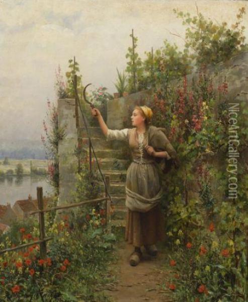 In The Garden/a Young Woman With A Scythe Oil Painting - Daniel Ridgway Knight