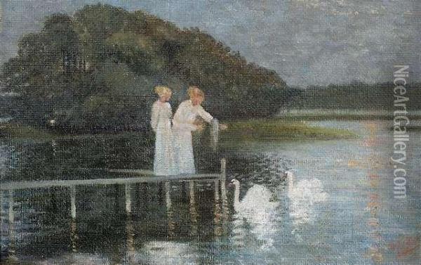 Two Ladies With Swans Oil Painting - Louis Thevenet