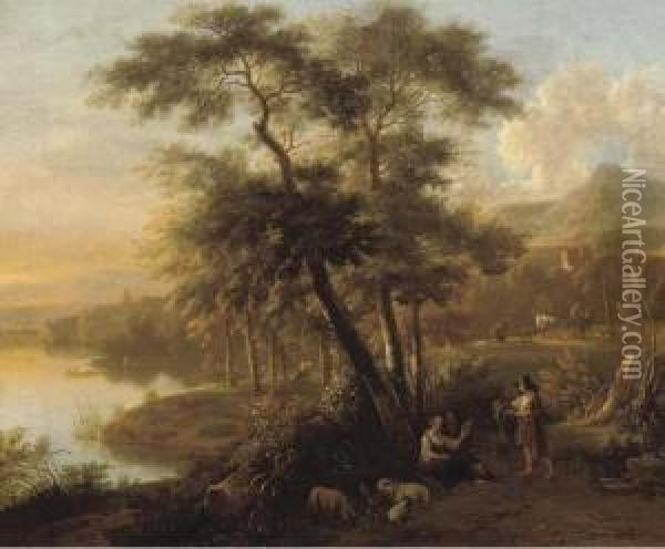 An Italianate Wooded Landscape With Peasants And Their Flockresting By A Path Oil Painting - Simon Mathurin Lantara