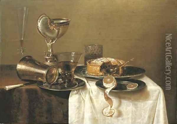 An overturned silver tumbler and a roemer on a pewter plate, a facon-de-Venise wineglass, a nautilus cup, a pie and a partly-peeled lemon Oil Painting - Gerrit Willemsz. Heda