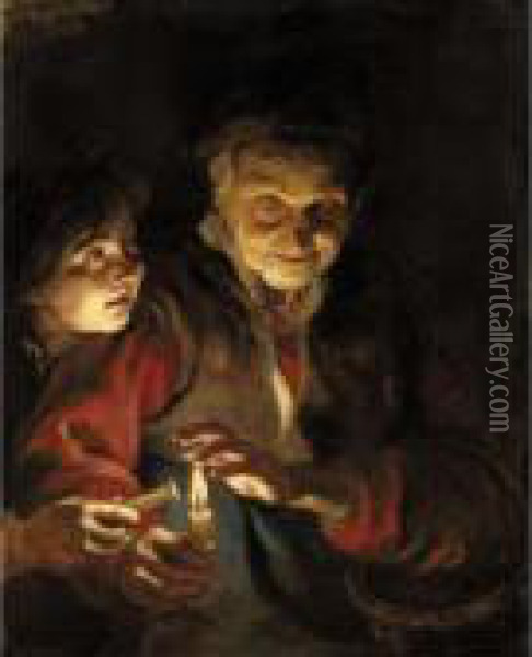A Night Scene With An Old Lady 
Holding A Basket And A Candle, A Young Boy At Her Side About To Light 
His Candle From Hers Oil Painting - Peter Paul Rubens