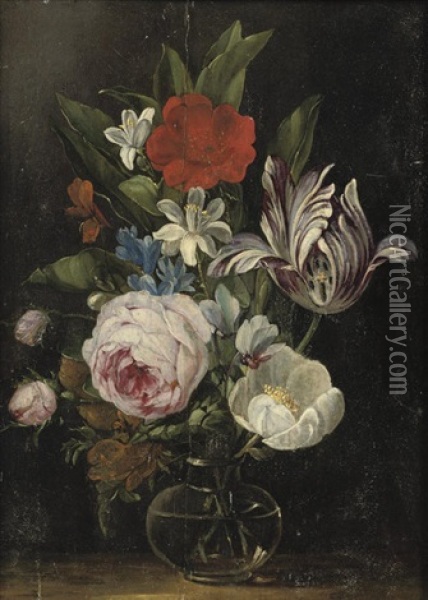 Roses, A Tulip And Other Flowers In A Glass Vase Oil Painting - Jan van den Hecke the Elder