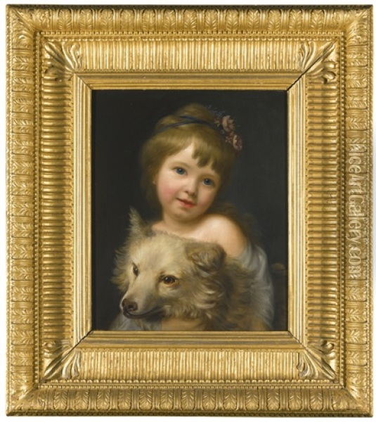Portrait Of Miss Julia Metcalfe, Holding Her Dog Oil Painting - Nathaniel Hone the Elder