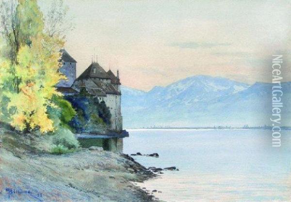 Le Chateau De Chillon, Le Lac Leman Oil Painting - Gaston Bethune