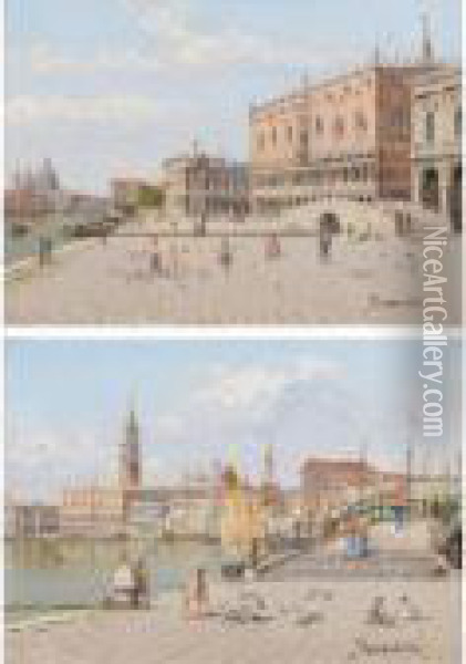Two Views Of Venice: La 
Piazzetta In Front Of The Doge's Palace; View Across The Lagoon To The 
Doge's Palace Oil Painting - Antonietta Brandeis