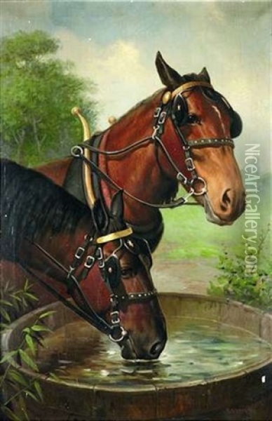Zwei Angeschirrte Pferde An Einem Wassertrog Oil Painting - Robert Atkinson Fox