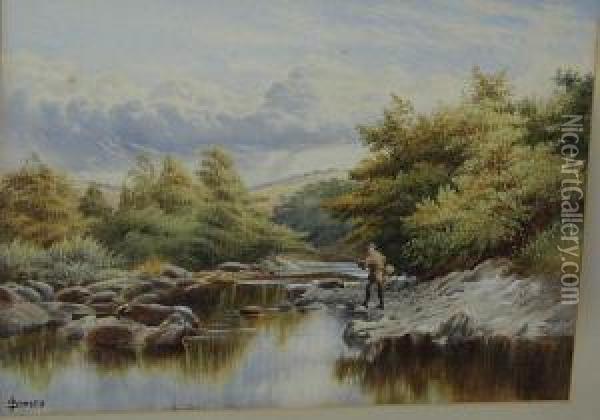 A River Landscape With A Fisherman Oil Painting - John Sowden
