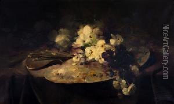 Stilleven Met Schilderspalet En Bloemen Oil Painting - Frans Mortelmans