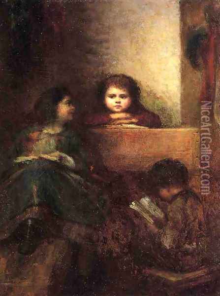 Children Reading Oil Painting - Eastman Johnson