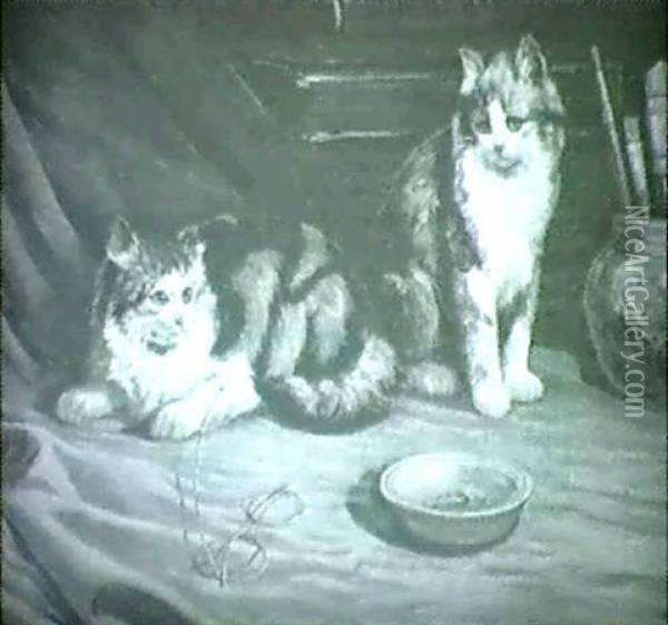 To Katte Pa Et Bord Oil Painting - Charles van den Eycken