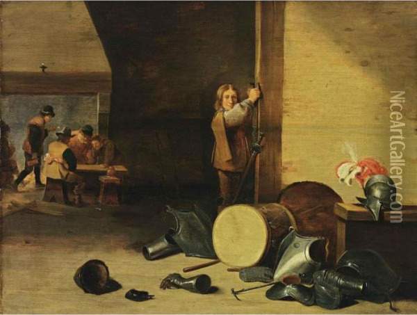 An Interior With A Soldier 
Laying Off His Sword And Figures Drinking, Smoking And Playing Dice Near
 A Fire Place, With A Still Life Of Soldiers Garments Oil Painting - David The Younger Teniers