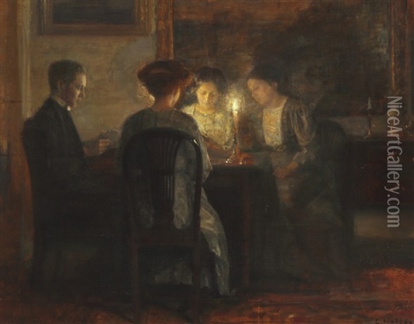 Interior With A Family Playing Cards By The Candlelight Oil Painting - Carl Vilhelm Holsoe