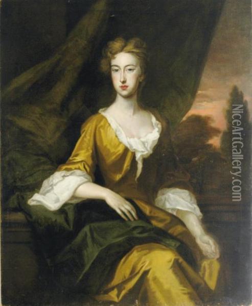 Portrait Of A Lady In A Saffron Dress, Seated Three-quarter Length, In A Landscape Oil Painting - Sir Godfrey Kneller