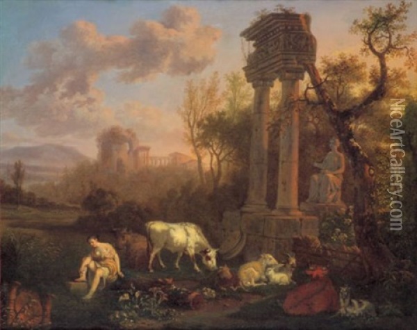 Pastorale Landschaft Mit Schaferin Und Ihrer Herde Oil Painting - Cornelis Van Poelenburgh
